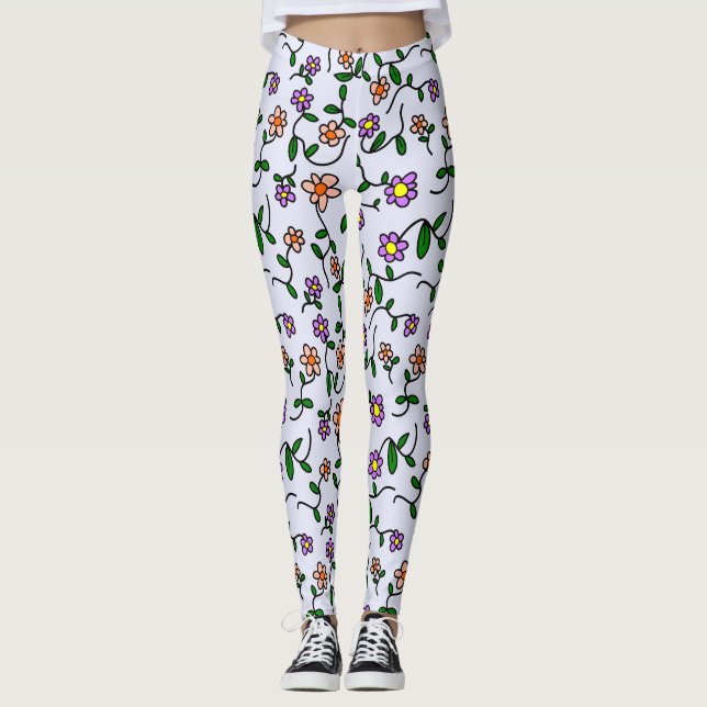 Colorful Flowers, Floral Pattern, Greenery, Boho Leggings (Front)