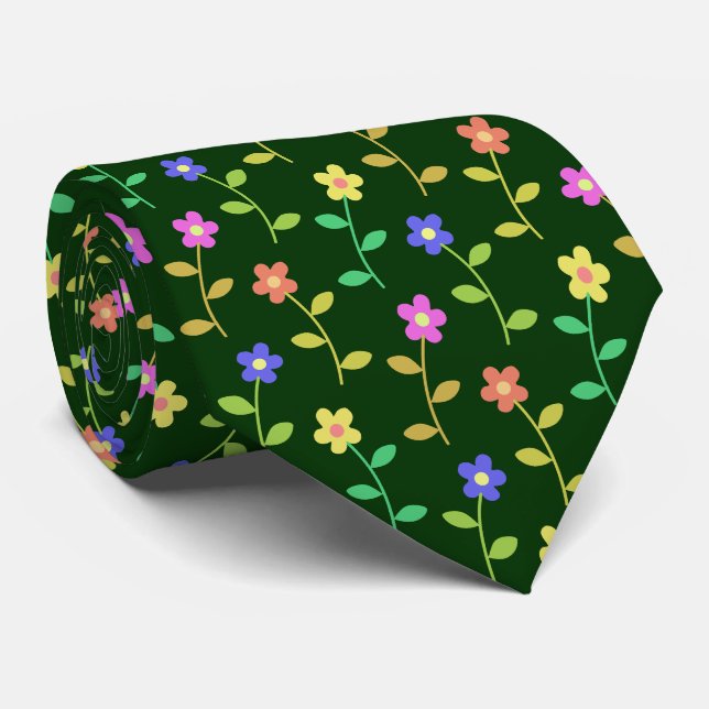 Colorful Flowers, Floral Pattern, Greenery, Boho Neck Tie (Rolled)
