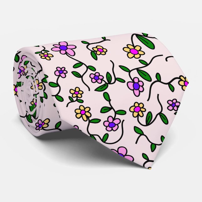 Colorful Flowers, Floral Pattern, Greenery, Boho Neck Tie (Rolled)