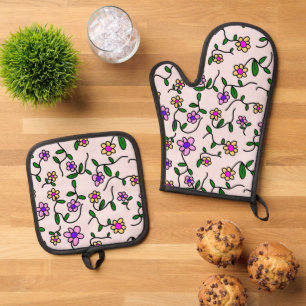 Colorful Flowers, Floral Pattern, Greenery, Boho Oven Mitt & Pot Holder Set