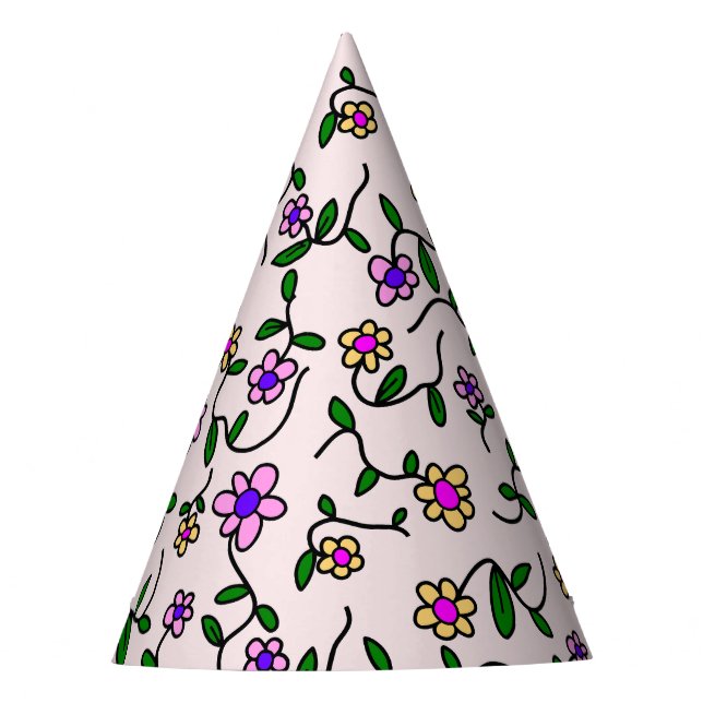 Colorful Flowers, Floral Pattern, Greenery, Boho Party Hat (Front)