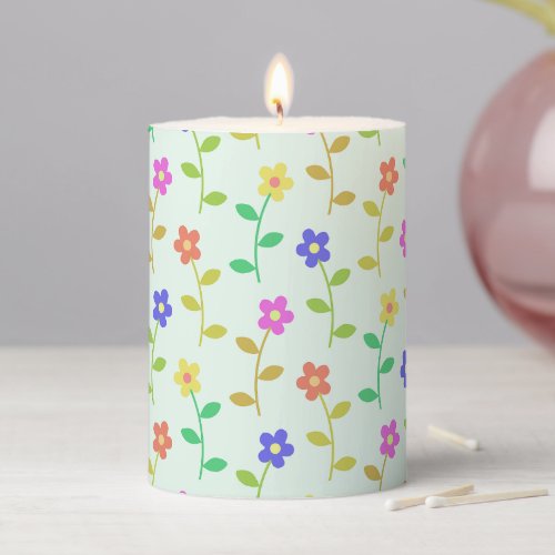 Colorful Flowers Floral Pattern Greenery Boho Pillar Candle