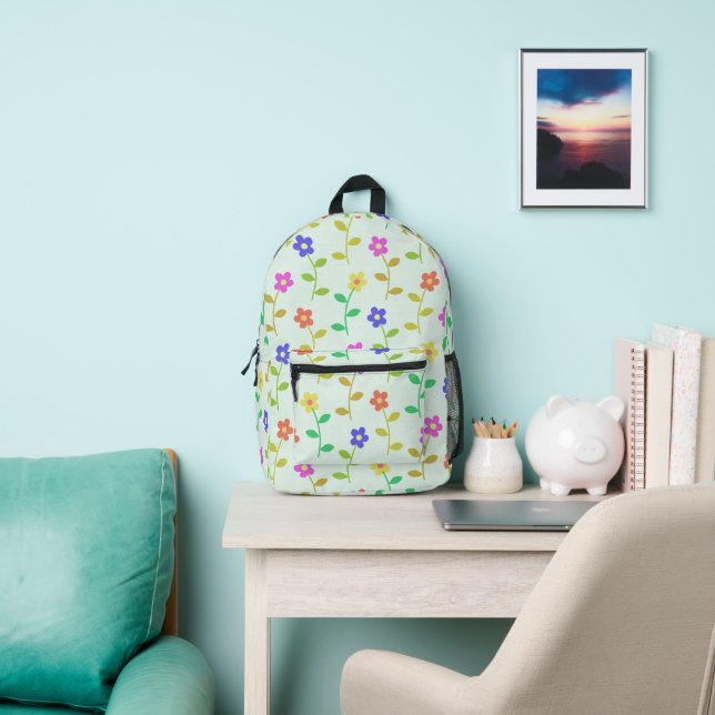Colorful Flowers, Floral Pattern, Greenery, Boho Printed Backpack (Insitu)
