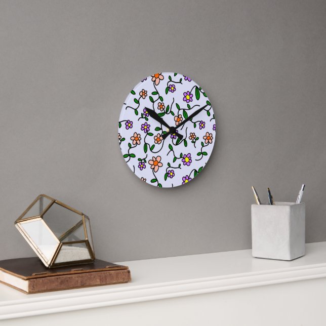 Colorful Flowers, Floral Pattern, Greenery, Boho Round Clock (Office)