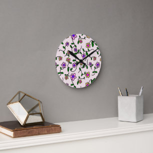 Colorful Flowers, Floral Pattern, Greenery, Boho Round Clock