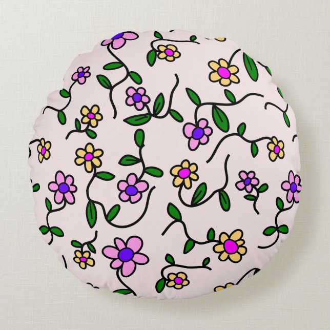Colorful Flowers, Floral Pattern, Greenery, Boho Round Pillow (Front)
