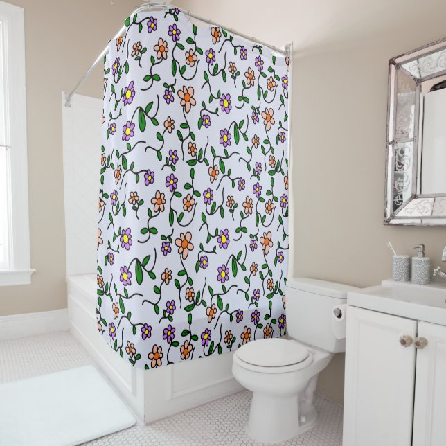 Colorful Flowers, Floral Pattern, Greenery, Boho Shower Curtain (In Situ)