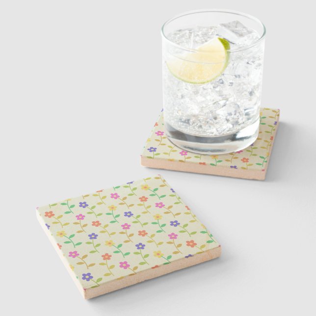 Colorful Flowers, Floral Pattern, Greenery, Boho Stone Coaster (Side)