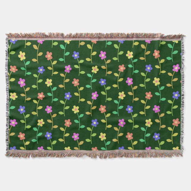 Colorful Flowers, Floral Pattern, Greenery, Boho Throw Blanket (Front)
