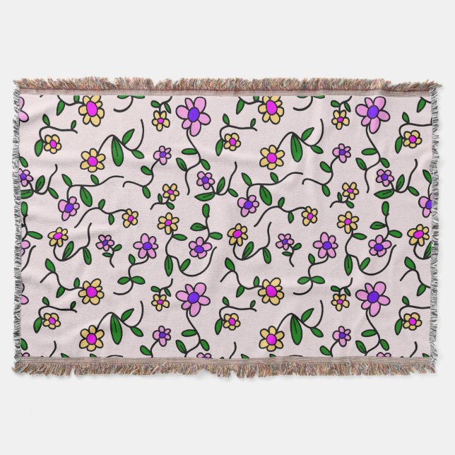 Colorful Flowers, Floral Pattern, Greenery, Boho Throw Blanket (Front)