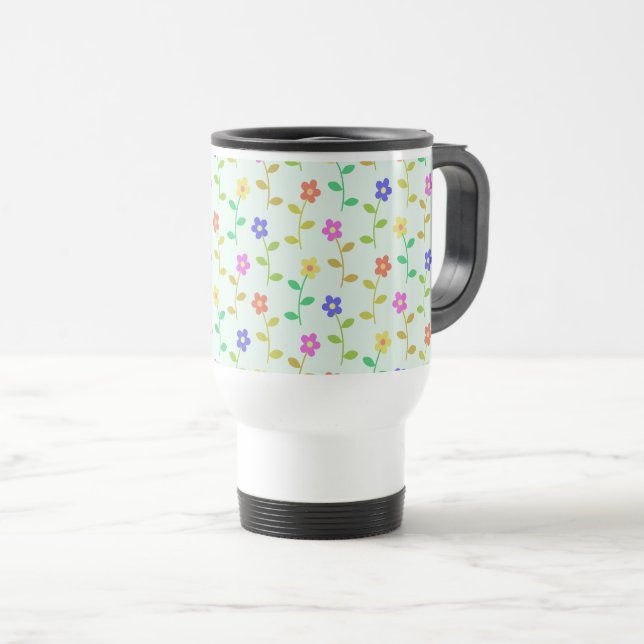 Colorful Flowers, Floral Pattern, Greenery, Boho Travel Mug (Front Right)