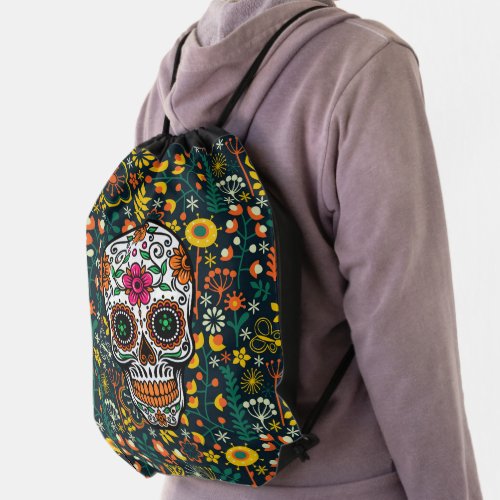 Colorful flowers Floral sugar skull Drawstring Bag