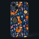 Colorful Flowers & Foxes Pattern iPhone 13 Case<br><div class="desc">Colorful retro flowers cute birds and red foxes cartoon style illustration on dark blue background color you can change</div>