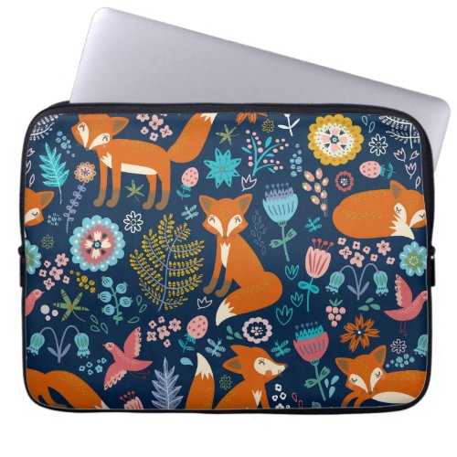 Colorful Flowers  Foxes Retro Pattern Laptop Sleeve