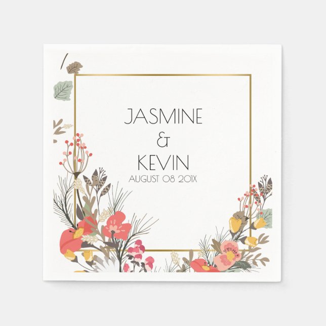 Colorful Flowers Frame Gold Accent Paper Napkins (Front)