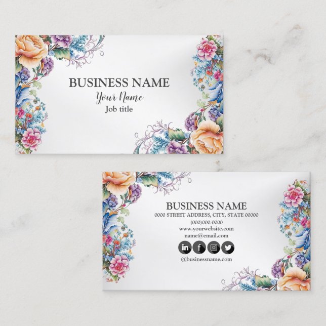 Colorful Flowers Frame Leaves Modern Elegant  Business Card (Front/Back)