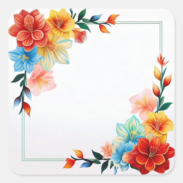 Colorful Flowers Frame Square Sticker (Front)