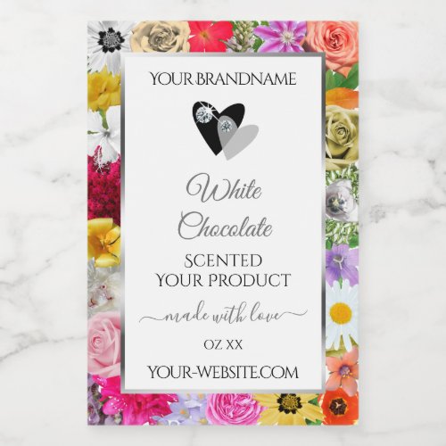 Colorful Flowers Frame White Product Labels Hearts