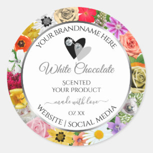 Colorful Flowers Frame White Product Labels Hearts
