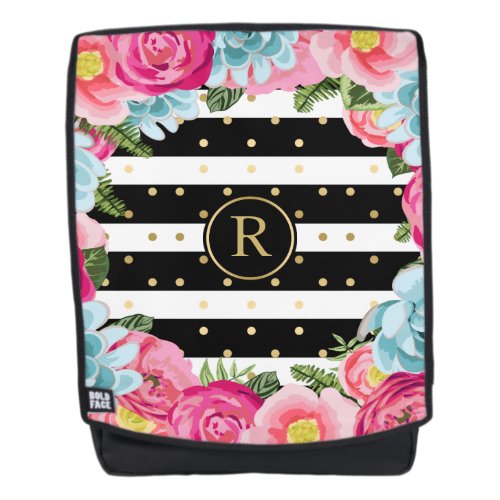 Colorful Flowers Frame With Black  White Stripes Backpack