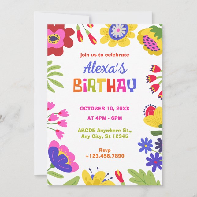Colorful flowers fun birthday  invitation (Front)