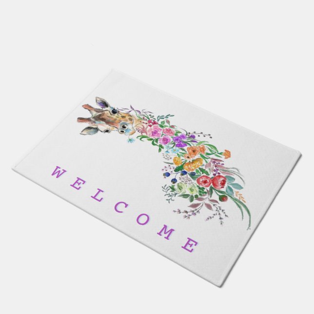 Colorful Flowers Giraffe Doormat - Welcome (Angled)