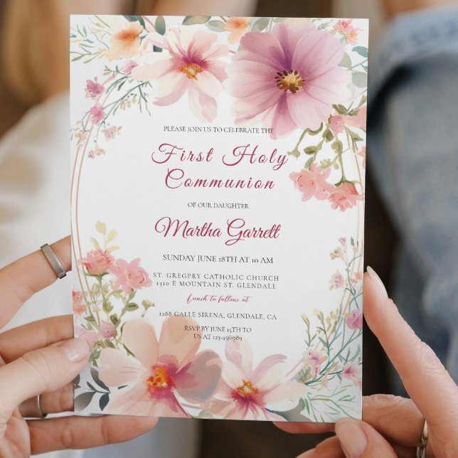 Colorful Flowers Girl First Holy Communion Invitation (Creator Uploaded)