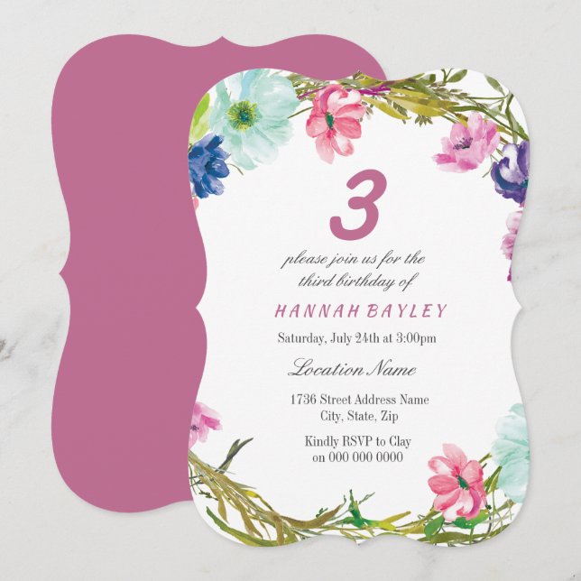 Colorful Flowers Girls 3rd 4th 5th 6th birthday Invitation (Front/Back)