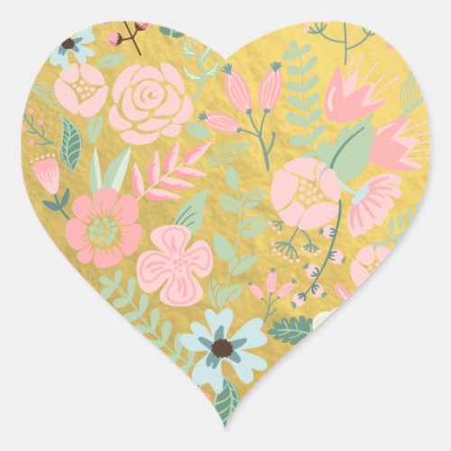 Colorful Flowers Gold Foil Heart Sticker