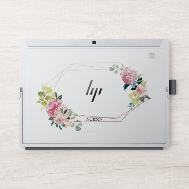 Colorful flowers gold geometric frame HP laptop skin (Front)