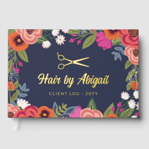 Colorful Flowers Gold Scissor Hair Salon Foil Guest Book