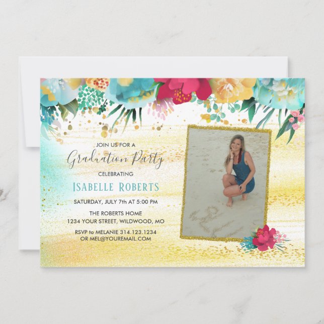 Colorful Flowers Gold Sparkle Glitter Graduation Invitation (Front)