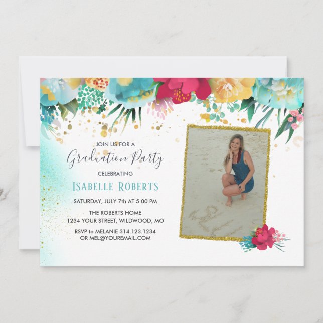 Colorful Flowers Gold Sparkle Glitter Graduation Invitation (Front)