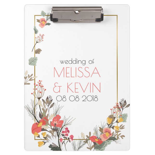 Colorful Flowers & Gold Wedding Frame Clipboard (Front)