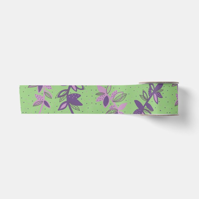 Colorful flowers green and purple satin ribbon (Front)