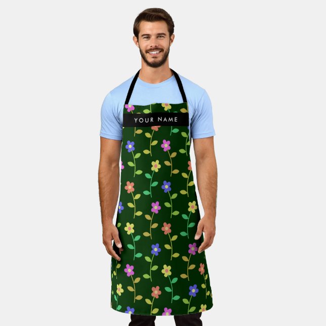 Colorful Flowers, Green Background, Black Apron (Worn)
