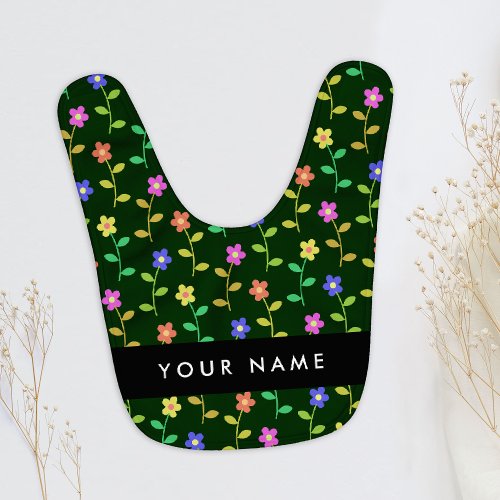 Colorful Flowers Green Background Black Baby Bib