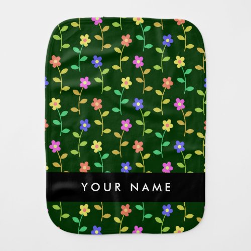 Colorful Flowers Green Background Black Baby Burp Cloth