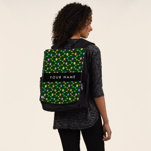 Colorful Flowers Green Background Black Backpack