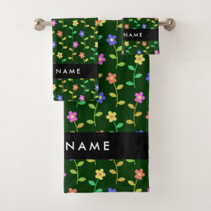 Colorful Flowers, Green Background, Black Bath Towel Set