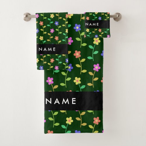 Colorful Flowers Green Background Black Bath Towel Set