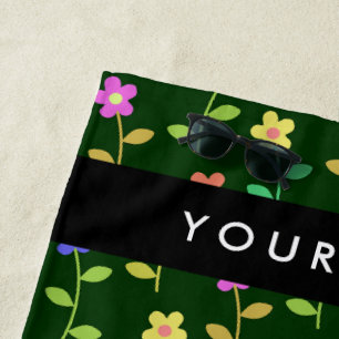 Colorful Flowers, Green Background, Black Beach Towel