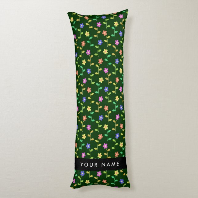 Colorful Flowers, Green Background, Black Body Pillow (Back (Vertical))