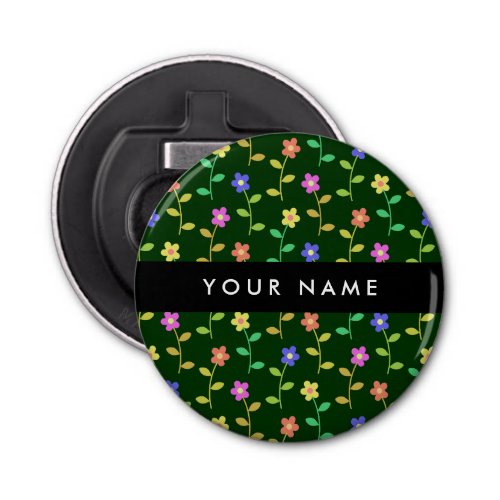 Colorful Flowers Green Background Black Bottle Opener