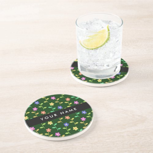 Colorful Flowers Green Background Black Coaster
