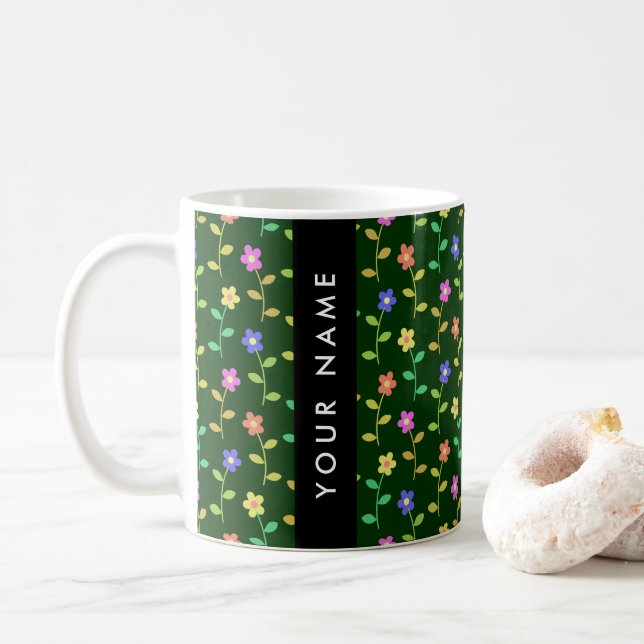 Colorful Flowers, Green Background, Black Coffee Mug (With Donut)