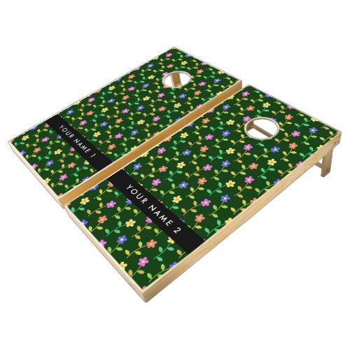 Colorful Flowers Green Background Black Cornhole Set