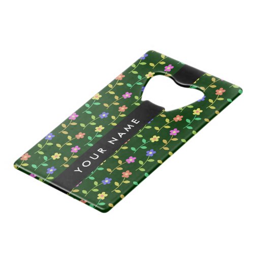 Colorful Flowers Green Background Black Credit Card Bottle Opener