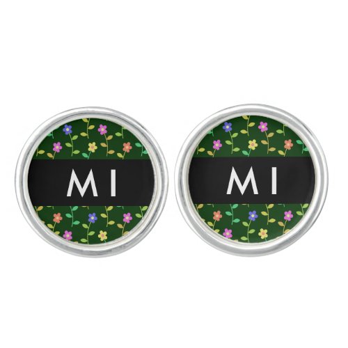 Colorful Flowers Green Background Black Cufflinks