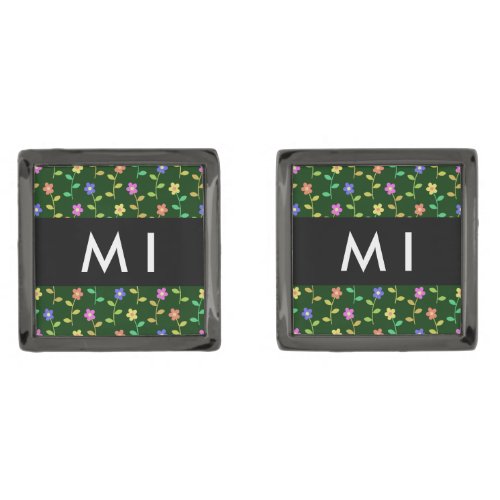 Colorful Flowers Green Background Black Cufflinks